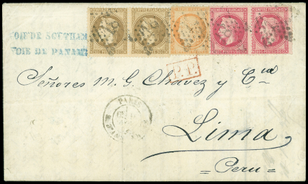 N°30 en paire + 32 en paire + 38 OBL étoile 18 + CAD "Paris R. d'Amsterdam" (1871) sur lettre pour Lima (Pérou). TB