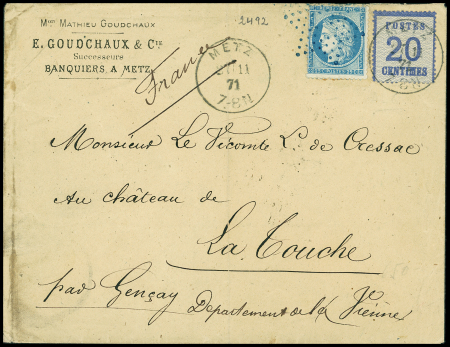 N°60 OBL étoile bleue évidée + Alsace n°6 OBL CAD "Metz" (27.11.71) sur lettre en double affranchissement. TB