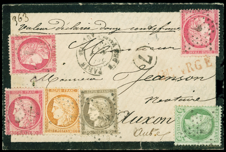 N°38 + 53 + 56 + 57, 3 pièces, OBL étoile 7 + CAD "Paris R. des Vlles HAUDRtes" (1854) sur lettre chargée (VD 1200F). TB