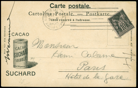 N°103 OBL mec "US postal sta Paris expn" (1900) avec 7 lignes horizontales sur carte postale publicitaire Suchard de l'expo universelle (De Beaufond n°2599). TB