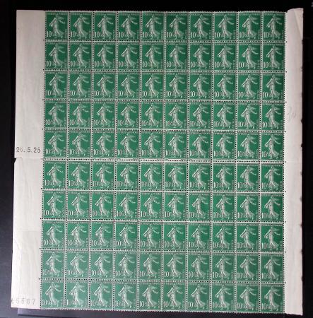 N°159e 10c vert, Type IV, feuille de cent avec coin-daté