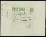 N°38 + 53, bande de 4 (1 ex LD), tous au verso marque de contrôle "LD Sée Fils & Cie banquiers Paris" OBL étoile 1 + CAD "Paris Pl. de la Bourse" (1875) sur lettre pour Sutzelhausen (Alsace), signée Baudot. TB