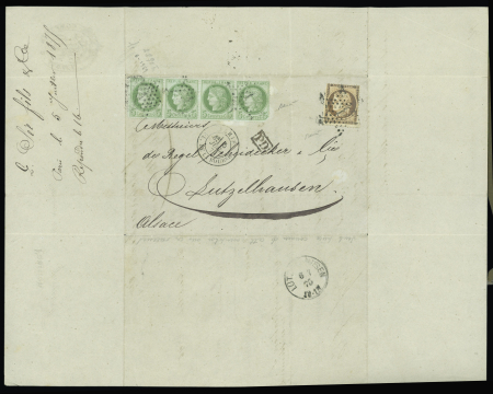 N°38 + 53, bande de 4 (1 ex LD), tous au verso marque de contrôle "LD Sée Fils & Cie banquiers Paris" OBL étoile 1 + CAD "Paris Pl. de la Bourse" (1875) sur lettre pour Sutzelhausen (Alsace), signée Baudot. TB