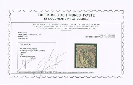 N°8b 2c lilas brun sur paille, surcharge oblique de