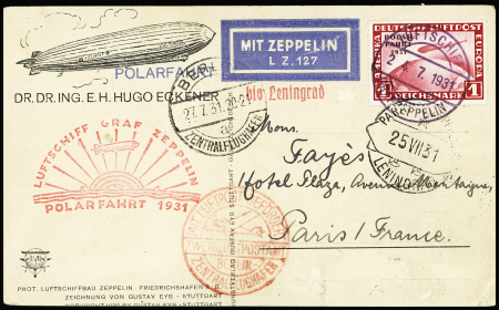 Allemagne PA 40 (cote 150€) OBL CAD "Luftschiff Graf Zeppelin polarfahrt 1931" + CAD "Par avion Zeppelin Leningrad" sur carte postale représentant le Dr Hugo Eckener. TB