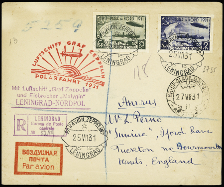 URSS PA 28A + PA 30A, non dentelés, OBL CAD "Par avion Zeppelin Leningrad" (25.7.31) sur lettre recommandée avec cachet rouge "Polarfahrt 1931" et CAD "brise-glace Malyguin arctique" (27.7.31) sur lettre recommandée.