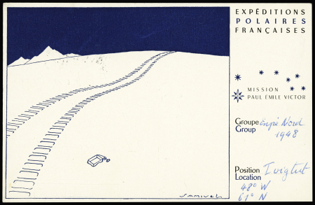 Groenland n°2 + 6 OBL "Godthaab" (29.5.48) sur carte postale Samivel signée G.Taylor. RR et TB