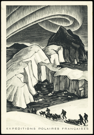 Groenland n°7 OBL "Godthaab" (27.8.49) sur carte postale EPF (aurore boréale) avec grand cachet bleu type 2 Missions PEV Arctique - Antarctique signé PEV. TB