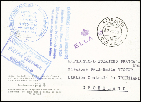 N°829 OBL CAD "Paris aviation Sce intérieur" (9.6.50) sur carte postale de Marcel Ichac : vue de la station centrale avec au verso CAD Reykjavik (2.8.50) + 3 cachets bleus dont rect "Courrier parachuté à la station c