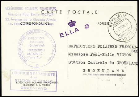 N°829 OBL Paris (19.6.1950) avec CP aurore boréale avec au verso CAD "Reykjavik" (2.8.50) + 3 cachets diff dont cachet rect violet "Courrier parachuté à la station centrale du Groenland". TB