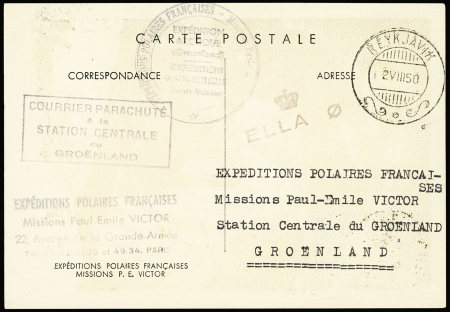 N°829 OBL Paris (19.6.1950) avec CP aurore boréale avec au verso CAD "Reykjavik" (2.8.50) + 3 cachets diff dont cachet rect violet "Courrier parachuté à la station centrale du Groenland". TB