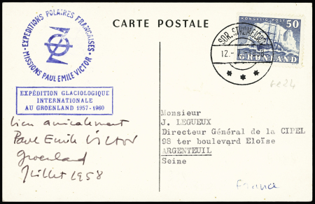 Groenland n°24 OBL CAD "Sdr Stromfjord" (12.7.1958) sur CP Samivel avec cachet rect bleu "Expédition glaciologique internationale au Groenland 1957 - 1960" et signature PEV. TB