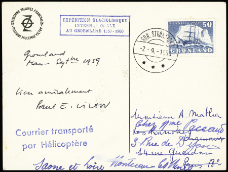 Groenland N°24 OBL CAD "Sdr Stromfjord" 52.9.1959) sur carte postale PEV (rencontre de 2 véhicules à chenilles) avec griffes EGIG 1957 - 1960 et griffe bleue "Courrier transporté par hélicoptère" adressée à Paris