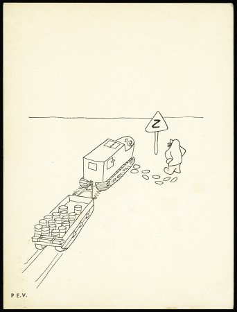 Groenland n°24 OBL CAD "Sdr Stromfjord" (2.9.1959) sur carte postale PEV (véhicule avec remorque devant un panneau"Z") avec cachet rect bleue "Expédition glaciologique internationale au Groenland 1957 - 1960" et griff