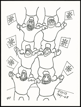 Carte postale neuve PEV (6 explorateurs avec fanions) avec griffe bleue EGIG et cachet bleu Missions PEV. TB