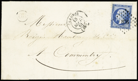 N°14, petit BDF avec piquage de Clamecy, OBL PC 876 + T15 Clamecy (13 sept 1861) sur lettre avec arrivée Commentry. TB. Certificat Robineau, cote Yvert 8000€