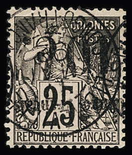 N°5c 10c sur 25c noir sur rose, variété surcharge renversée,