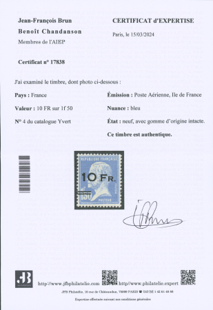 N°4 10F sur 1f50 bleu Pasteur, bien centré, neuf **,