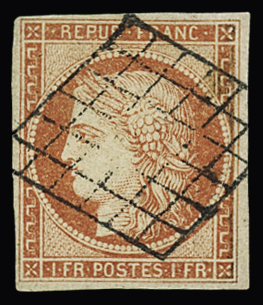 N°7 1 franc vermillon, obl. grille, aminci de charnière,