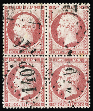 N°24 80c rose, bloc de 4 obl. GC 1402 d'Epinal (Vosges),