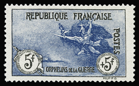 N°155 Orphelins, 5f + 5f noir et bleu, bon centrage,