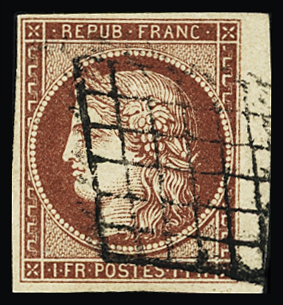 N°6b 1f carmin foncé, BdF, obl. grille, TTB. Signé