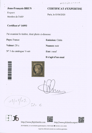 N°3g essai du 20c noir sur chamois foncé neuf, TB. Certificat