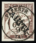 TAXE N°12b 1f marron, surcharge de haut en bas, obl.