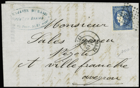 N°44A 20c bleu obl sur lettre d'Albi (Tarn) pour Villefranche