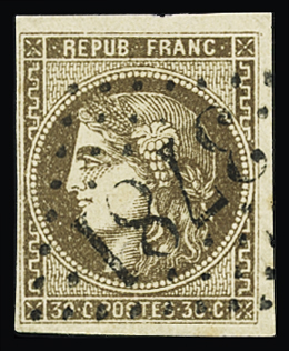 N°47e 30c brun, variété R relié au cadre, obl. GC 3781