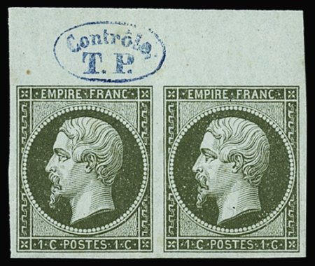 N°11 1c olive en paire neuve avec cachet de contrôle