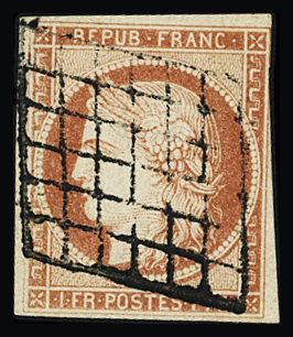 N°7 1 franc vermillon, oblitéré grille propre, légèrement