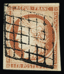 N°7 1 franc vermillon, oblitéré grille propre, légèrement