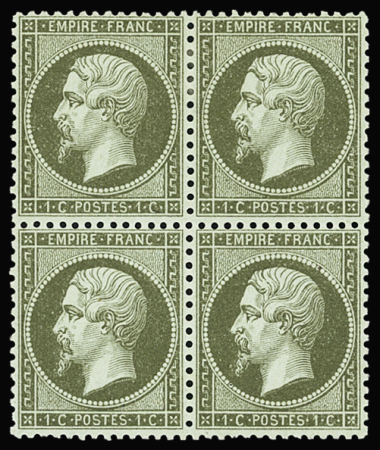 N°19 1c vert-olive en bloc de 4 neuf, très bien centré,