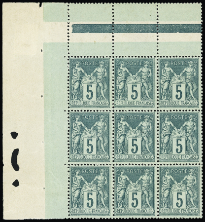 N°75 5c vert en bloc de 9 neuf ** (sauf 1 avec charnière)