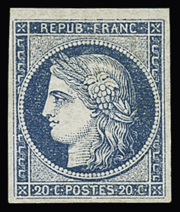 N°8b 20c bleu sur azuré dit "Astruc", neuf sans gomme,