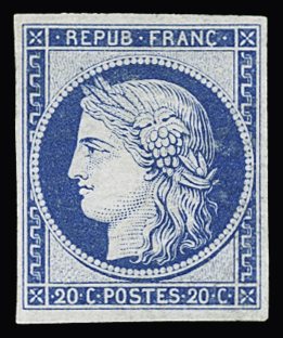 N°37f 20c bleu, réimpression Granet, non dentelé, neuf