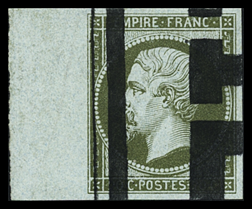 FAUX. N°11 1c olive, obl. typographique, bord de feuille,