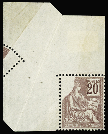 N°113 20c brun lilas, variété piquage oblique par pliage,