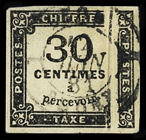 N°6 30c noir, variété pli accordéon, obl., TTB, RR