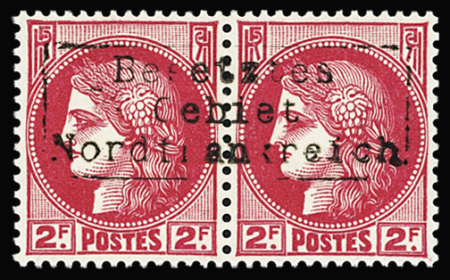 Poste n°373 2f rose-rouge Cérès en paire avec surcharge