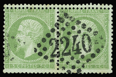 N°20 5c vert, variété double piquage en paire obl.