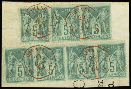 N°75 5c vert, bande de trois + bande de quatre, obl.