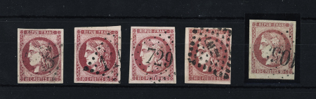 N°49 80c rose : 5 exemplaires obl. avec nuances, variété