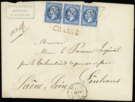 N°22 en bande de trois obl. GC 5043 sur env. chargée
