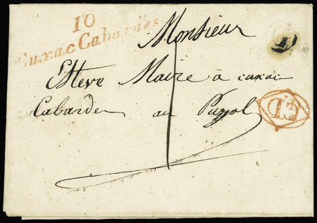 AUDE Cursive rouge "10 Cuxac Cabardes" + "1d" annulé