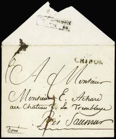 Marque d'arrivée encadrée "28 MARS / Saumur 1816" au