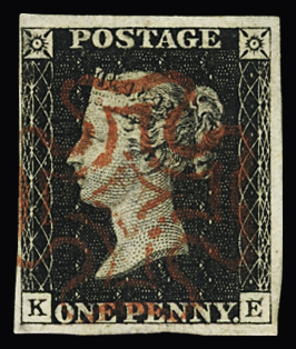 N°1 1d noir K-E, bien margé, obl. Croix de Malte en