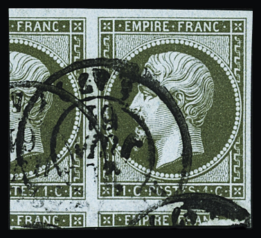 N°11 1c olive avec trois voisins, obl. càd 1861, SUP.