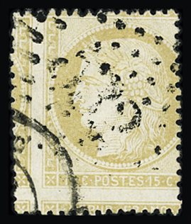 N°59 15c bistre, variété de piquage fortement décalé,